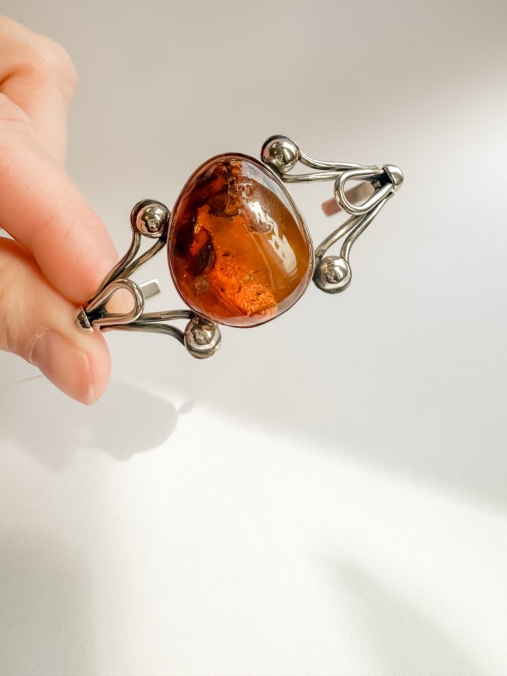 Vintage Silver Cuff Bracelet with Natural Oval Baltic Amber Stone Bezel Setting - Picture 6 of 8